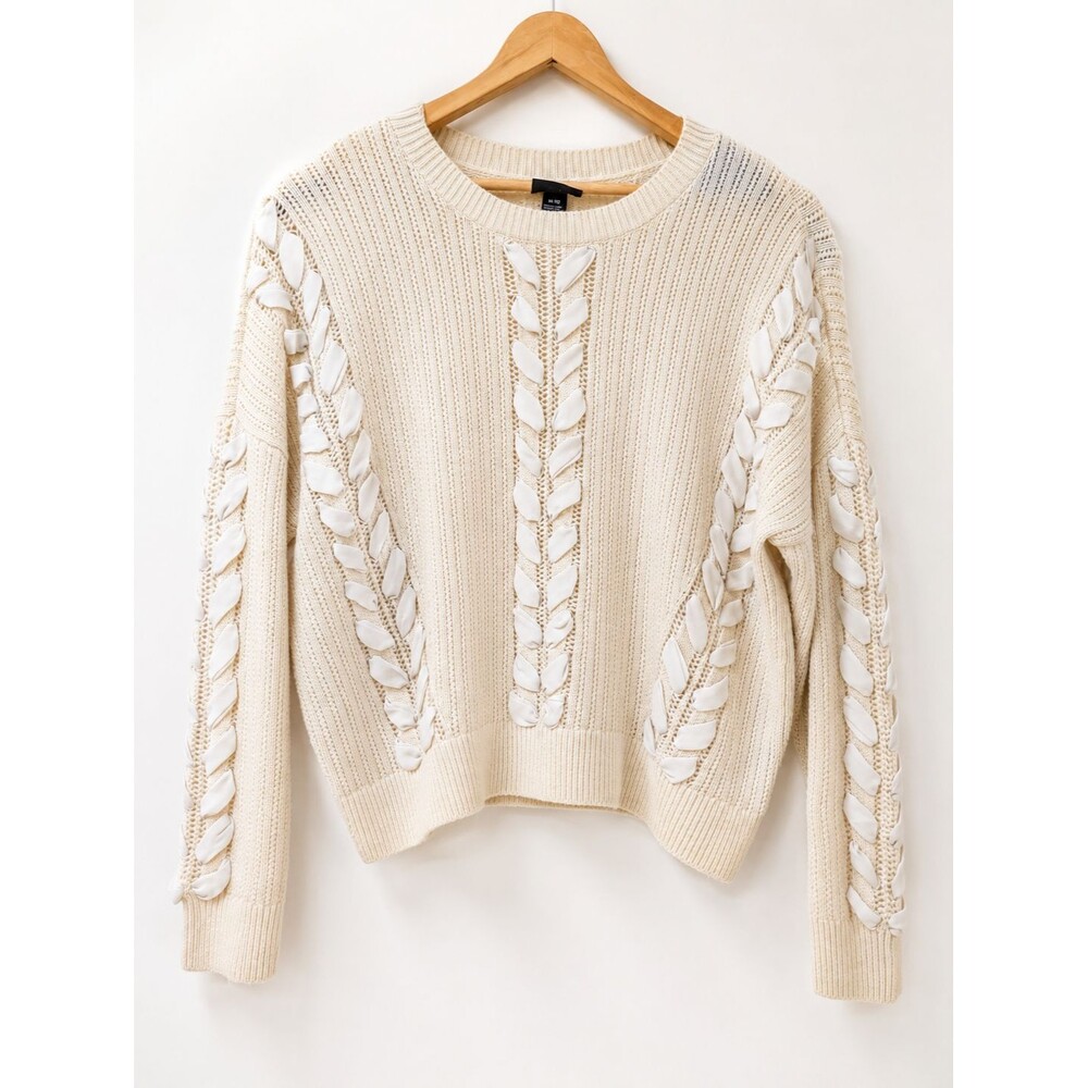 Club Monaco Cream Wool Crew Neck Sweater with Vertical Ribbing size XS